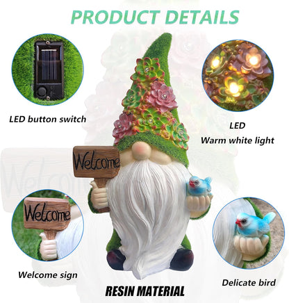 Solar Gnomes Garden Statues,Resin Gnome Figurine Holding Welcome Card and Bird with Solar Lights