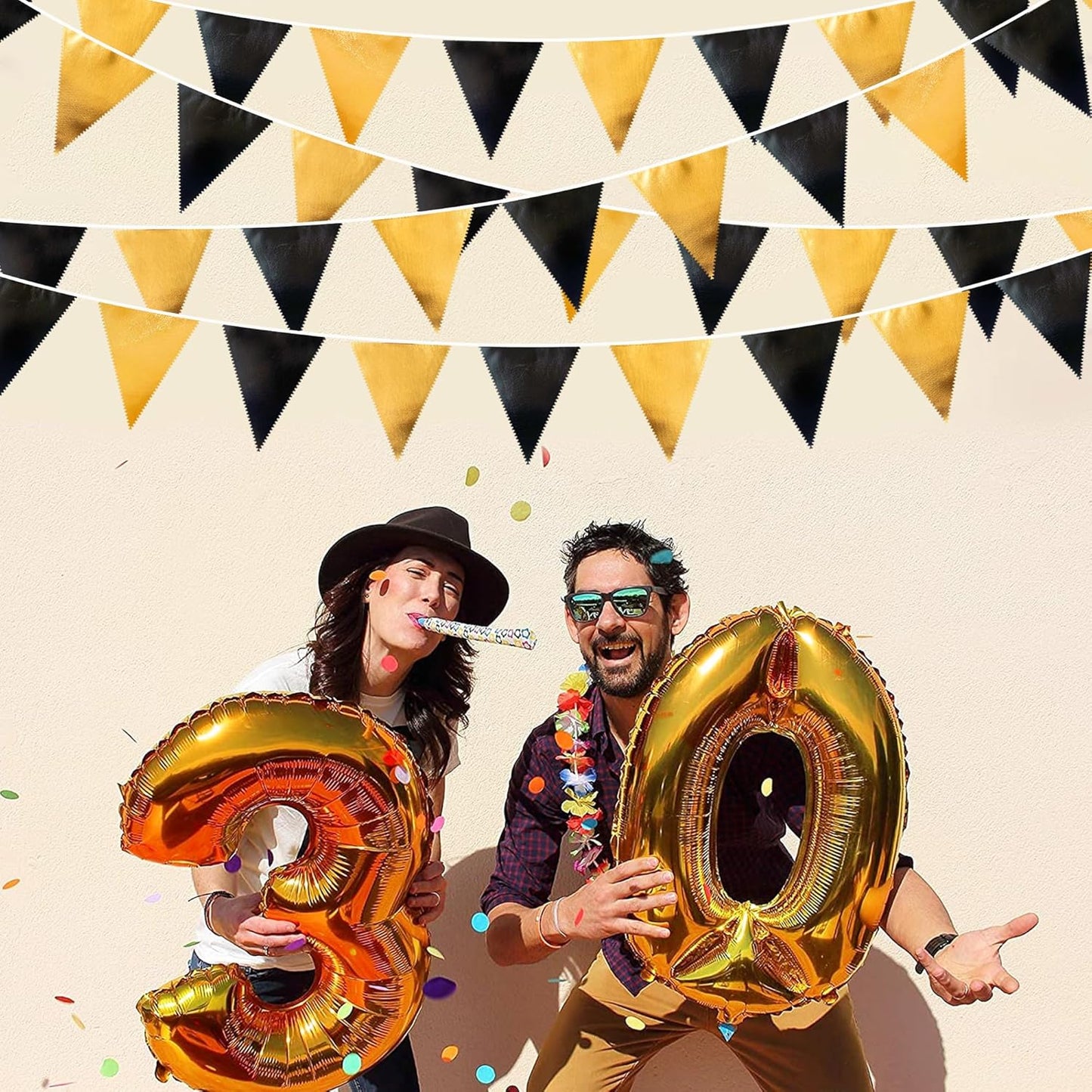 Black and Gold Party Decorations Triangle Pennant Banner Flag Metallic Fabric Bunting Garland for