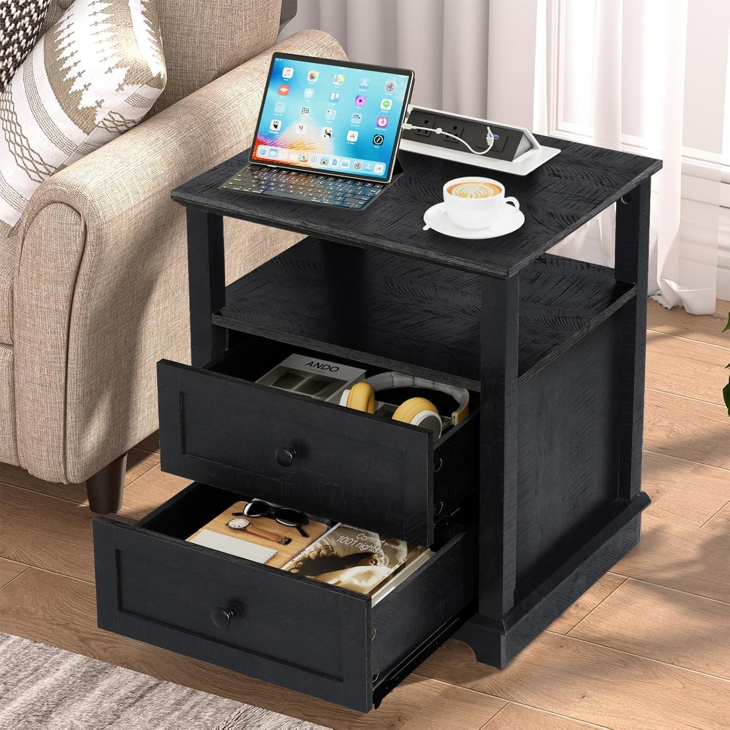HIFYOBRO End Table with 2 Drawers and Charging Station, Type-C & USB Port & Power outlets, Wooden