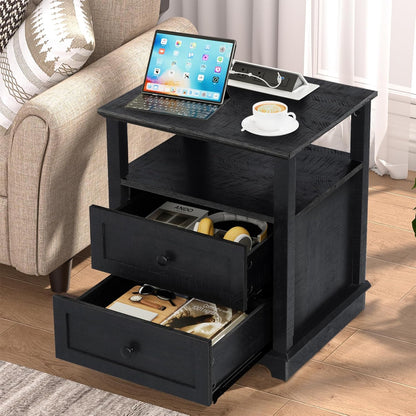 HIFYOBRO End Table with 2 Drawers and Charging Station, Type-C & USB Port & Power outlets, Wooden