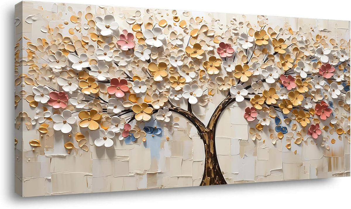 LASMOND Abstract Wall Art Teal Nature Tree of Life Canvas Painting Picture, Modern Large Panoramic