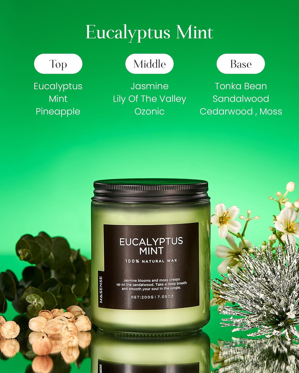 M&SENSE Eucalyptus & Mint Candles for Home Scented, Clean Non Toxic Aromatherapy Candle Gift 7.05oz