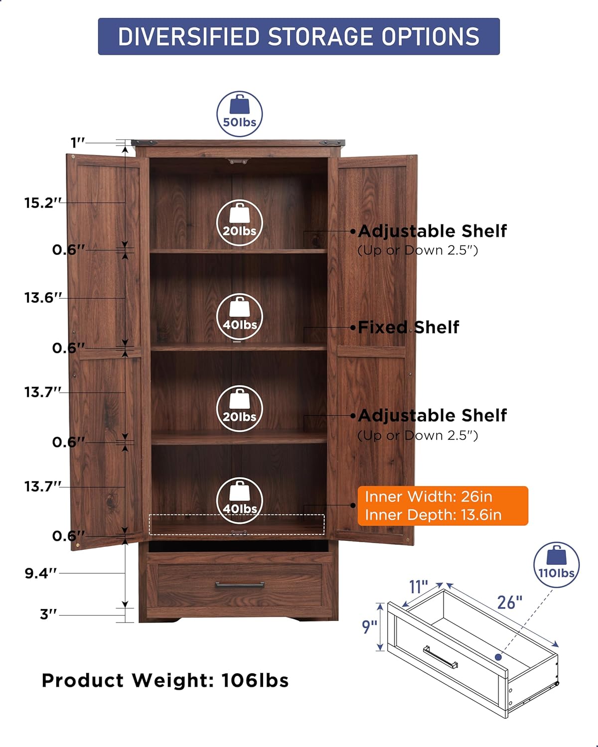 JXQTLINGMU Farmhouse Kitchen Pantry Cabinet - 72" Tall Wood Kitchen Storage Cabinets with
