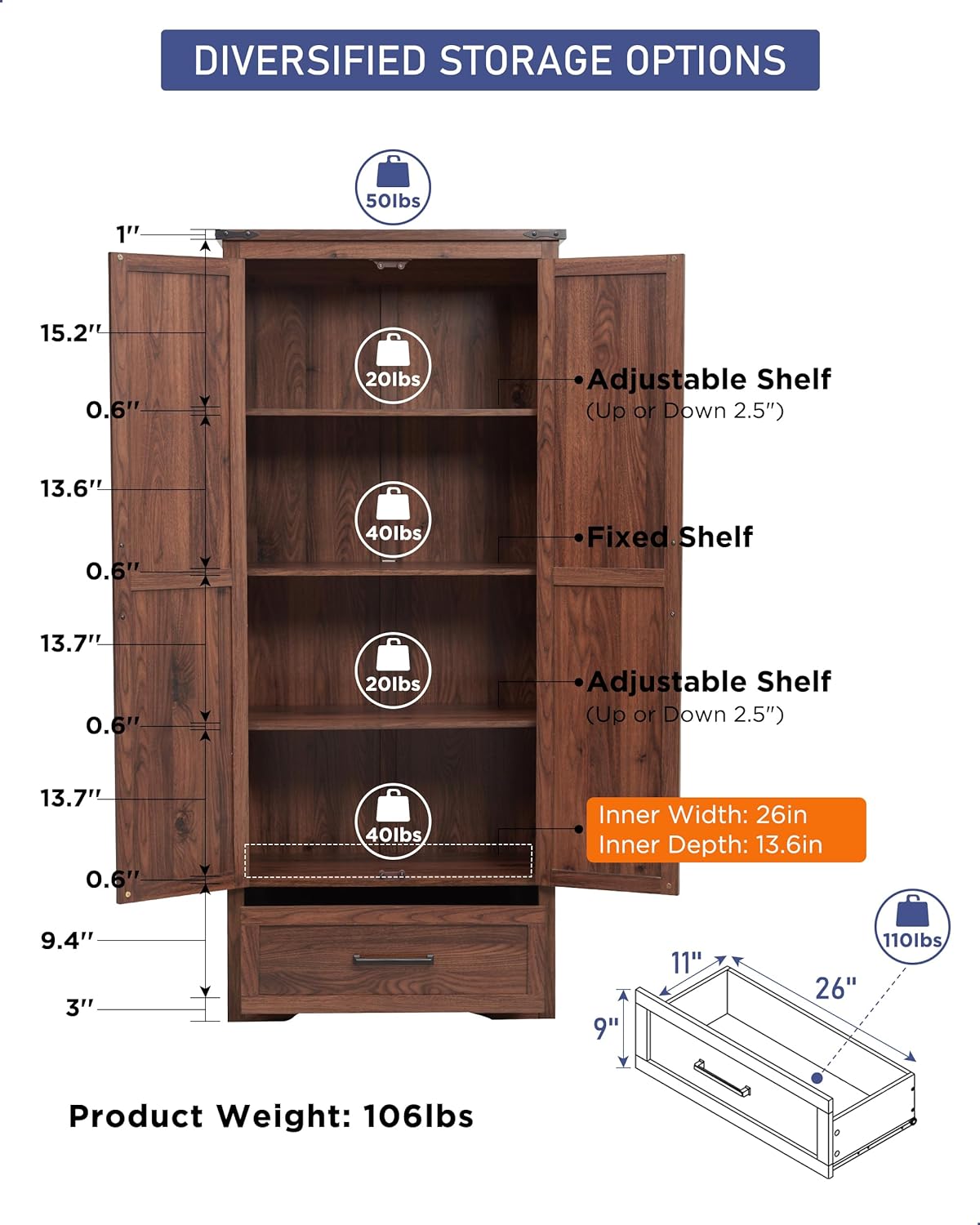 72" Tall Wood Storage Cabinet, Farmhouse Kitchen Pantry Cabinet with Adjustable Shelves & Drawer &