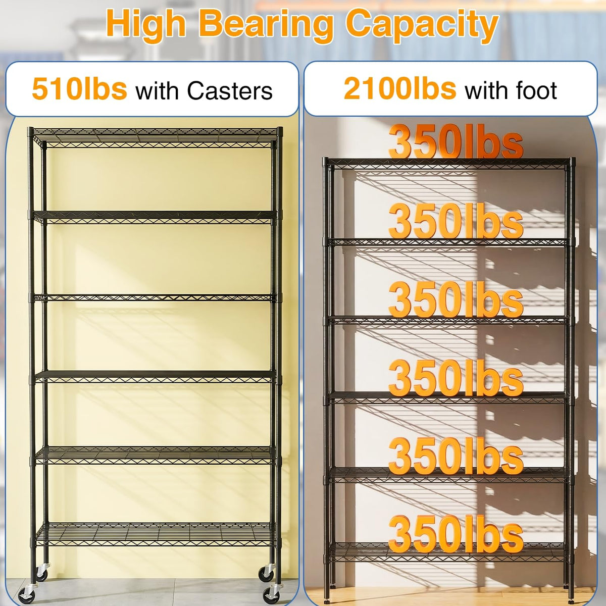 BestOffice | 6-Tier Wire Shelf with Wheels | 18" x 45" x 82" | Black