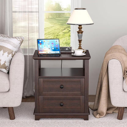 HIFYOBRO 24" Tall End Table with 2 Drawers and Charging Station, Type-C & USB Port & Power outlets