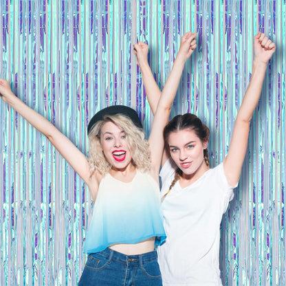 3 Pack 3.3x8.2 Feet Neon Iridescent Foil Fringe Backdrop Curtains, Tinsel Streamers Birthday Party