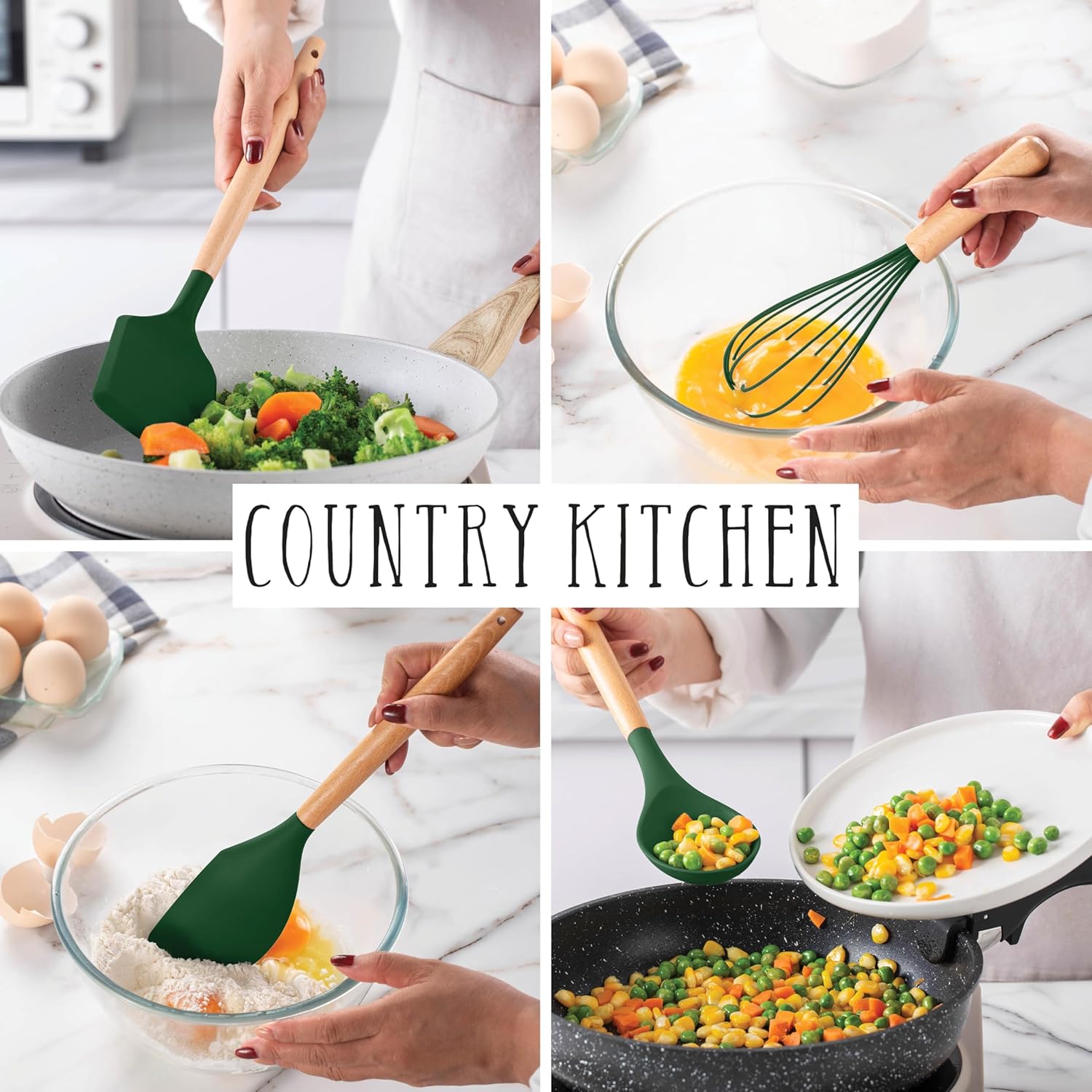 Country Kitchen Non Stick Silicone Utensil Set with Rounded Wood Handles for Cooking and Baking, 14