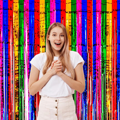 3 Pack 3.3x8.2 Feet Rainbow Foil Fringe Backdrop Curtains, Tinsel Streamers Birthday Party