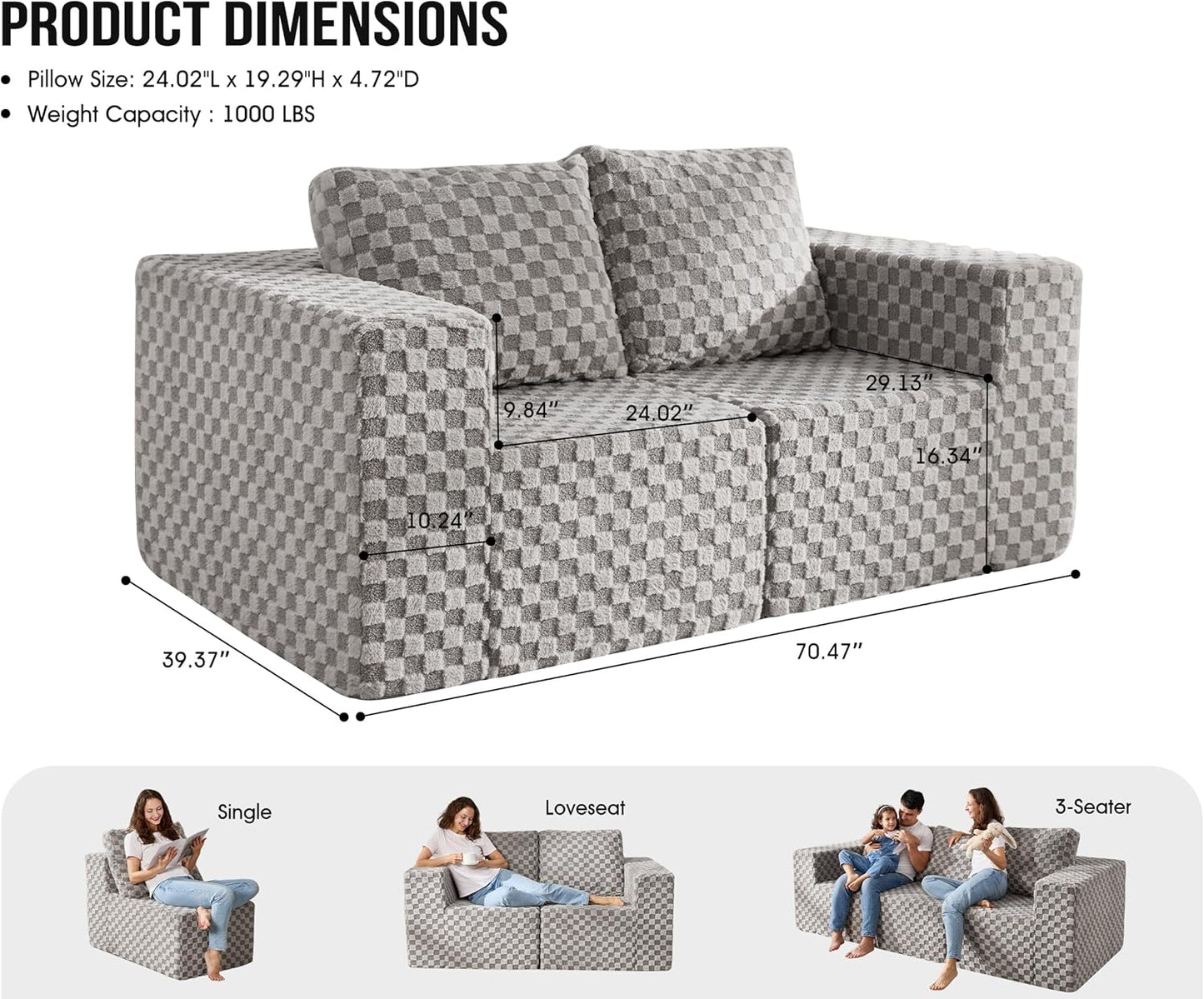 Modular Sectional Sofa 2 Seater Loveseat Modular Couch with Deep Seat Memory Foam Cloud Chair with