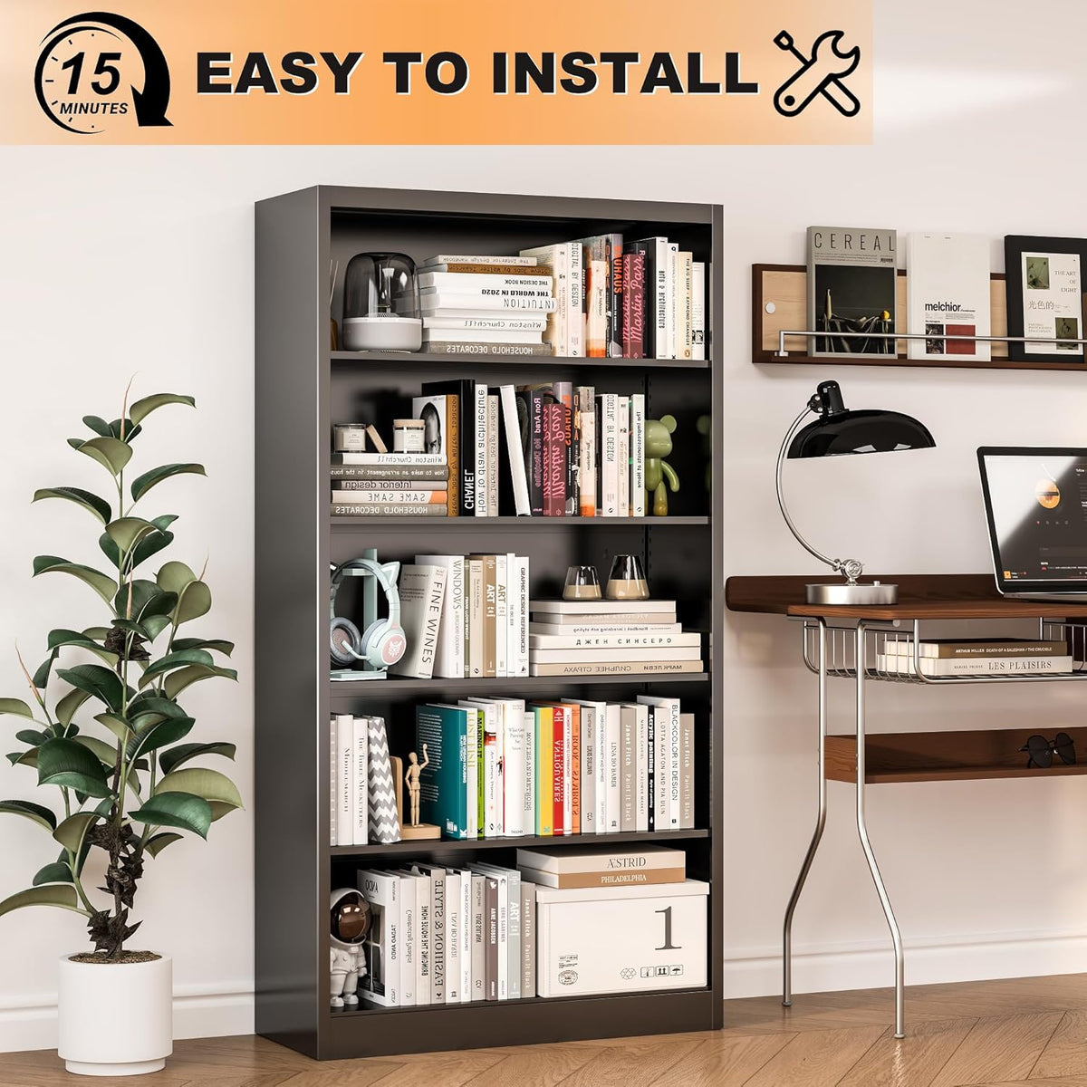 66" Tall Metal Bookcase, 5 Shelf Black Bookcase with Adjustable Shelves, Large Bookshelves and