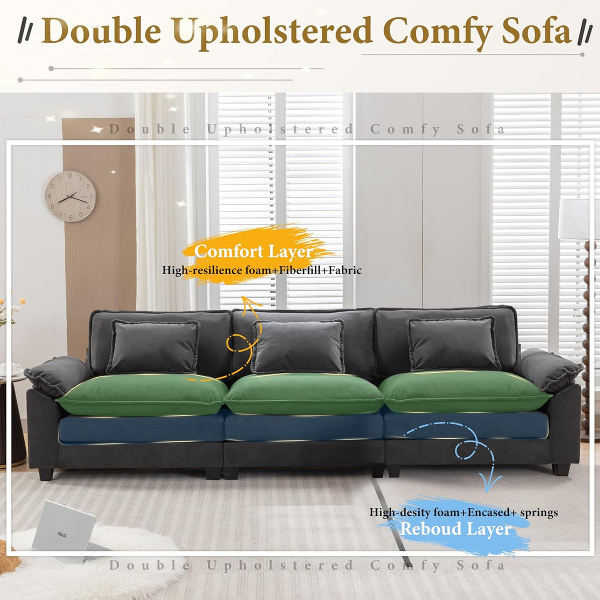 URRED Modular Sectional Sofa Comfy Cloud Couch, Modern Velvet Sofa Sleeper Deep Seat Couches with