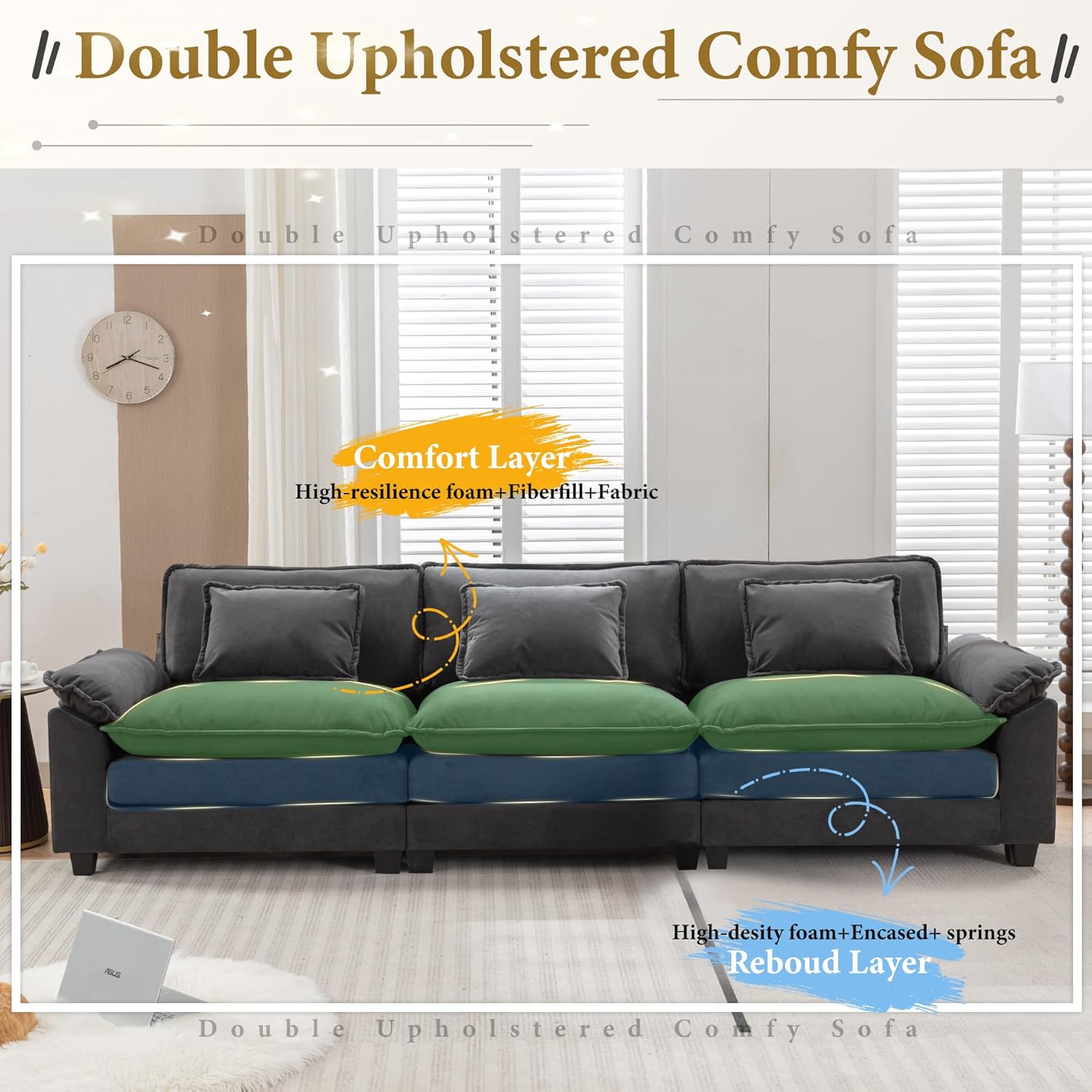 URRED Modular Sectional Sofa Comfy Cloud Couch, Modern Velvet Sofa Sleeper Deep Seat Couches with