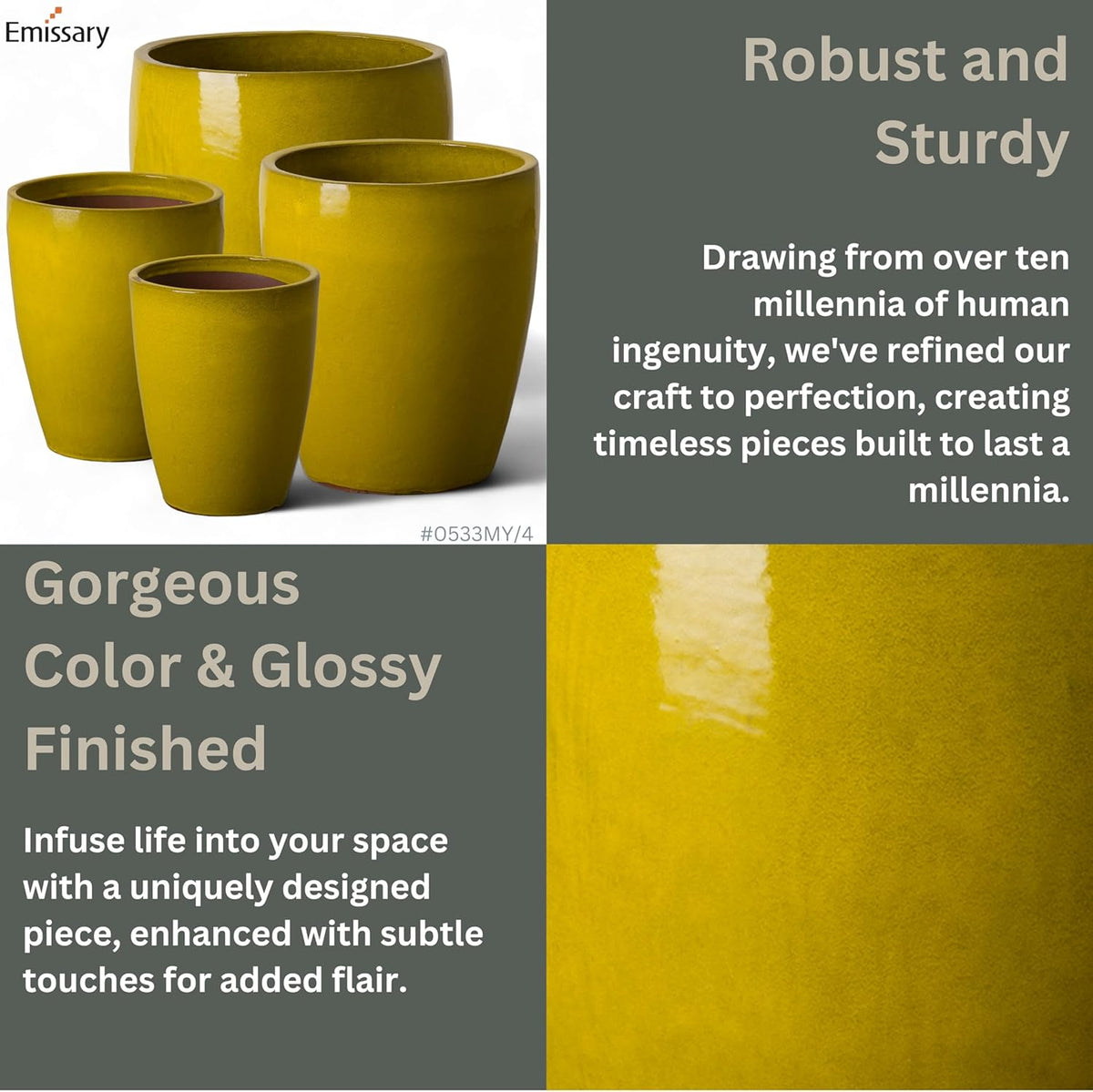 Emissary Bullet 14 in. Mustard Yellow Ceramic Round Planter (14 in. L x 14 in. W x 15.5 in. H) with