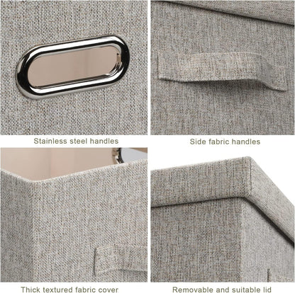 Medium 15" 21 Quart Collapsible Stackable Storage Bins with Lids, 5 Packs Beige Foldable Fabric