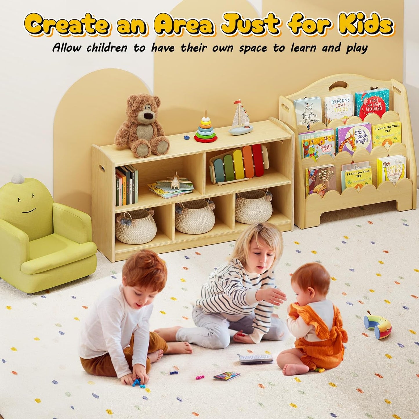 2-Tier Wood Montessori Cabinet for Kids, Toddler Room Book Shelves Toy Organizers and Storage