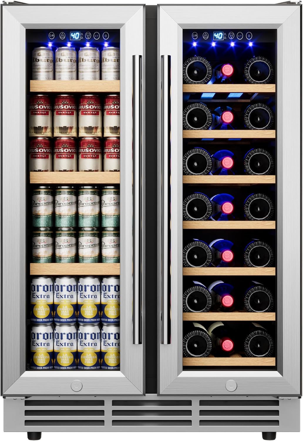 24" Wine and Beverage Refrigerator, Dual Zone Wine Cooler with Glass Door, Hold 88 Cans & 21