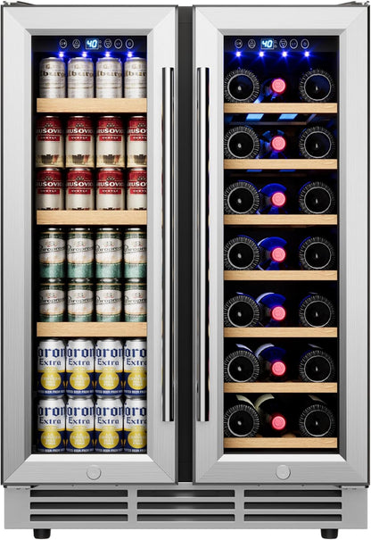 24" Wine and Beverage Refrigerator, Dual Zone Wine Cooler with Glass Door, Hold 88 Cans & 21
