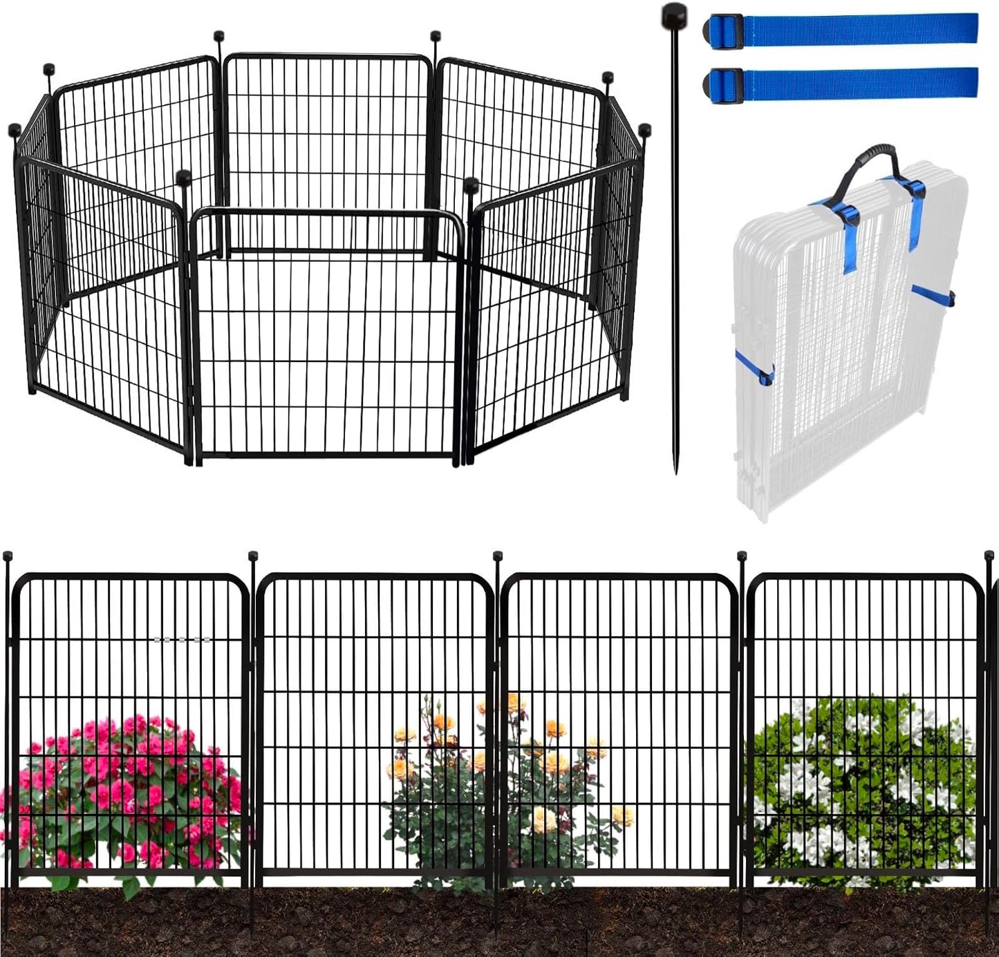 Doorless 54in(H) Garden Fence Animal Barrier, 8 Panels Total 17.7 Ft(L) Outdoor Dog Fence, Black