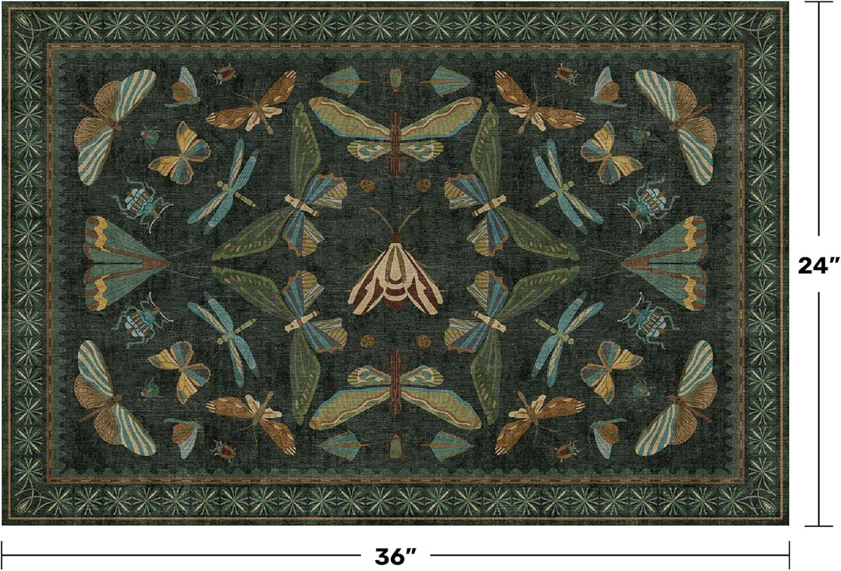 2x3 Entry Way Rugs Indoor - Dark Green Small Throw Rug for Kitchen, Bathroom, Insect Boho Design