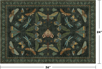 2x3 Entry Way Rugs Indoor - Dark Green Small Throw Rug for Kitchen, Bathroom, Insect Boho Design