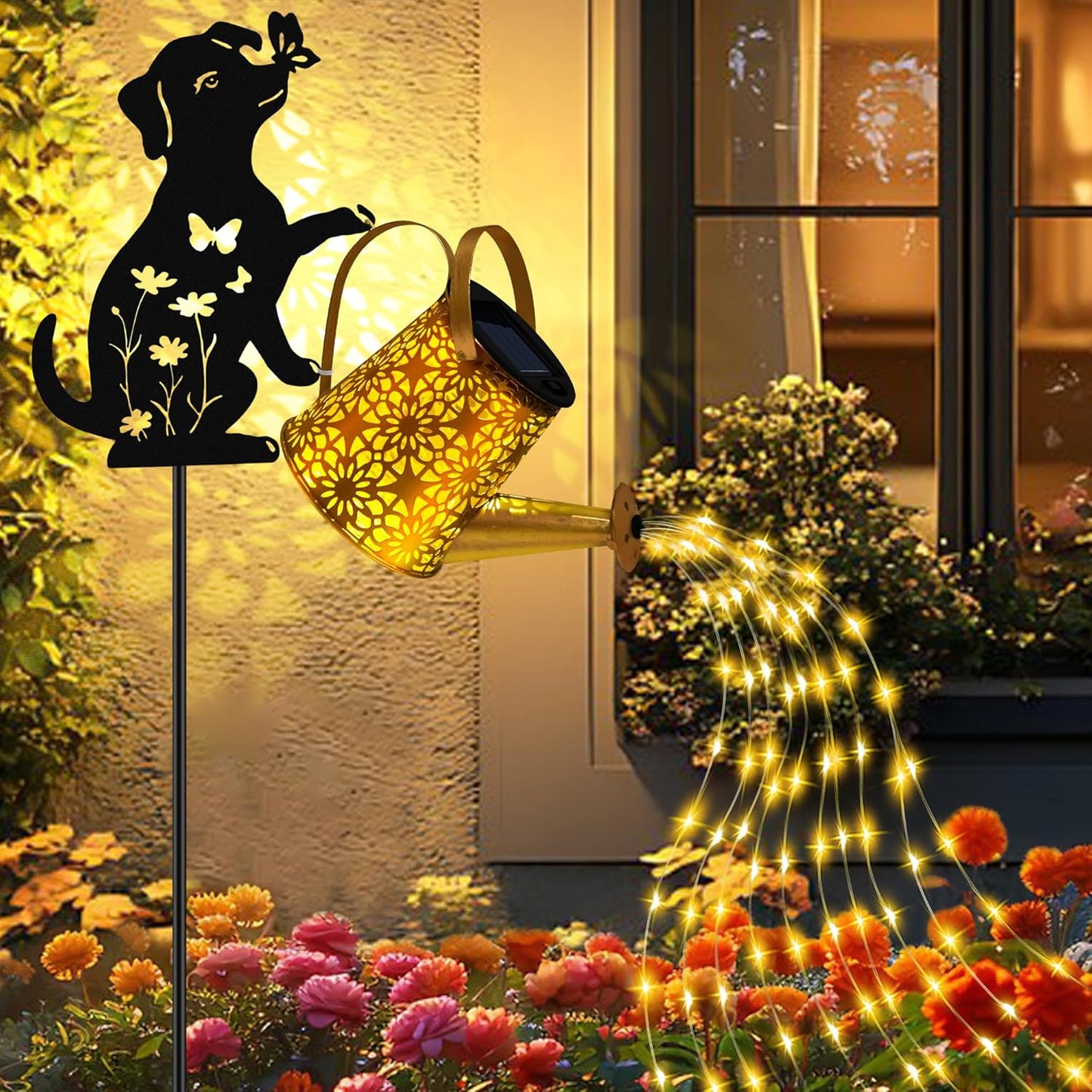 Solar Lights Outdoor Decorative, Watering Can with Cascading Lights, with Dog Silhouette Garden