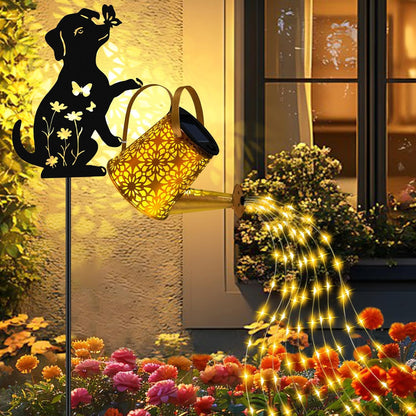 Solar Lights Outdoor Decorative, Watering Can with Cascading Lights, with Dog Silhouette Garden