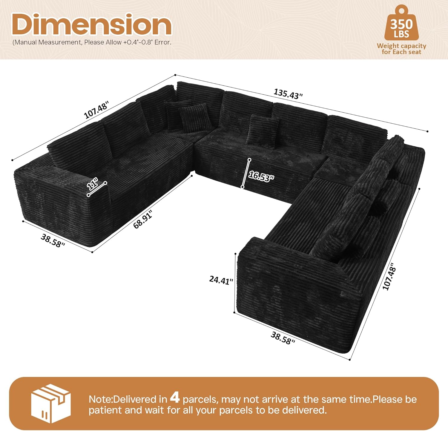Cloud Sectional Couches for Living Room,U Shaped Modular Sofas No Assembly,135x107 Inches Plush