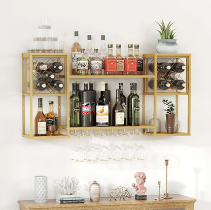 Wall Mounted Wine Rack with Glass Holder,Metal Floating Bar Liquor Shelves 2 Tier,Wine Glass Rack