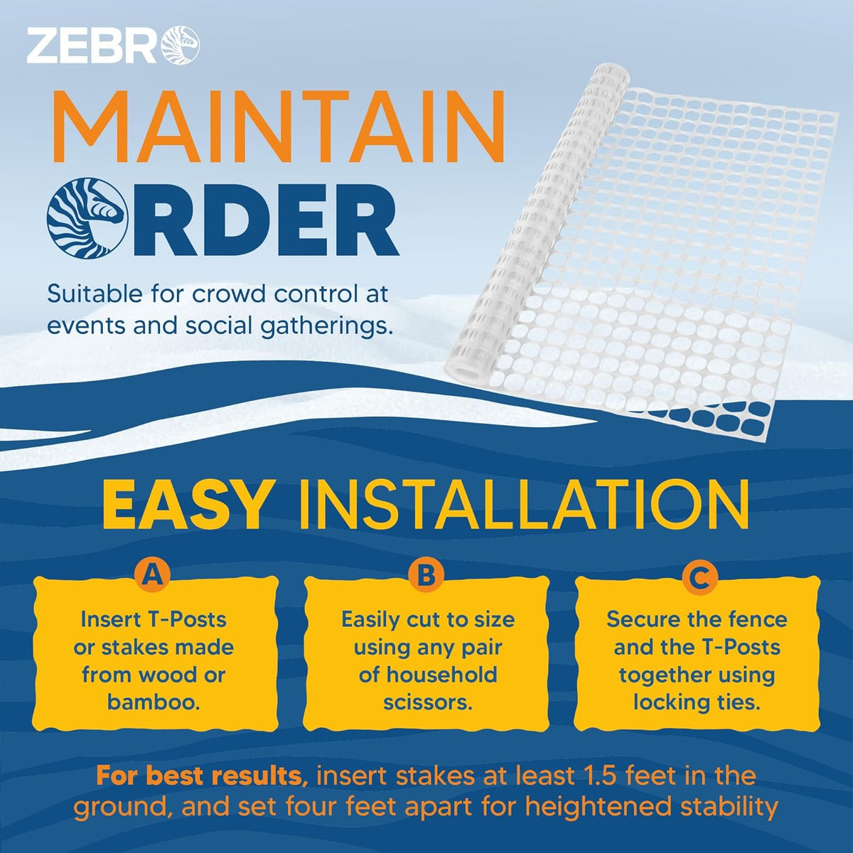 ZEBRO 4' x 50' White Plastic Garden Fence Roll – Standard Duty Safety Netting for Snow, Poultry