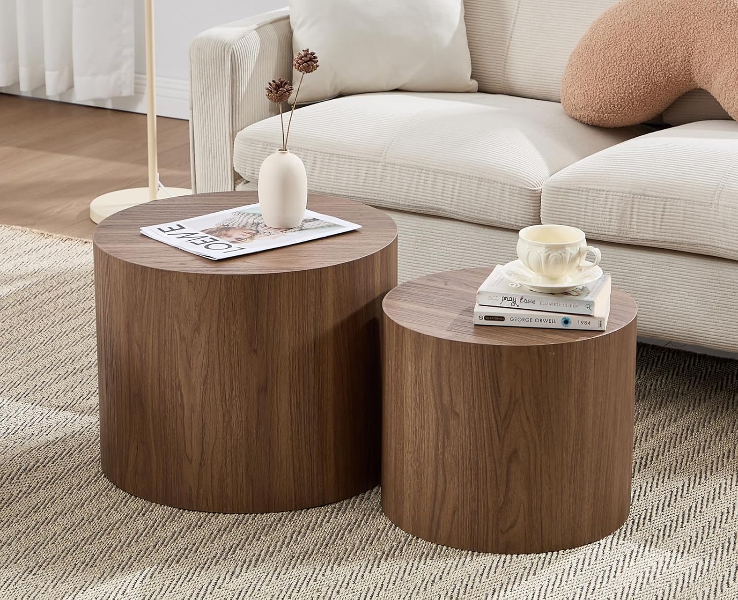 EALSON Nesting Coffee Tables Set of 2 Farmhouse Small Round End Tables Modern Wood Circle Side