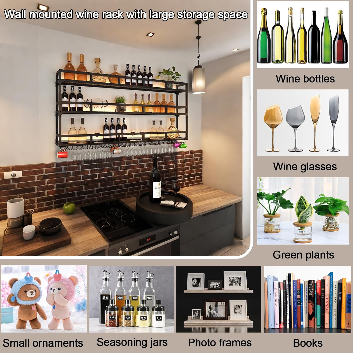 Modern Wine Rack Wall Mounted With Glass Holder,3-Tier Bar Liquor Shelf,Black,Metal Large Capacity