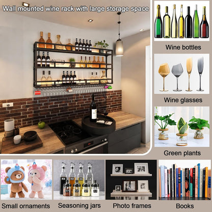 Modern Wine Rack Wall Mounted With Glass Holder,3-Tier Bar Liquor Shelf,Black,Metal Large Capacity