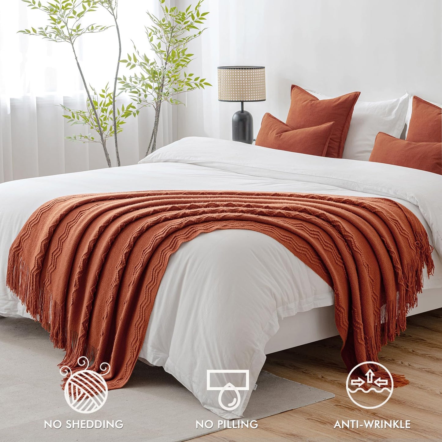 MIULEE Fall Rust Knitted Throw Blanket for Couch Boho Terracotta Textured Cozy Woven Blanket with