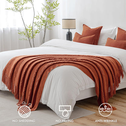 MIULEE Fall Rust Knitted Throw Blanket for Couch Boho Terracotta Textured Cozy Woven Blanket with