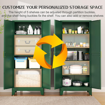 75.2" Tall Kitchen Food Pantry, Pantry Cabinet with 2 Door and 5 Adjustable Shelves, Green Laundry