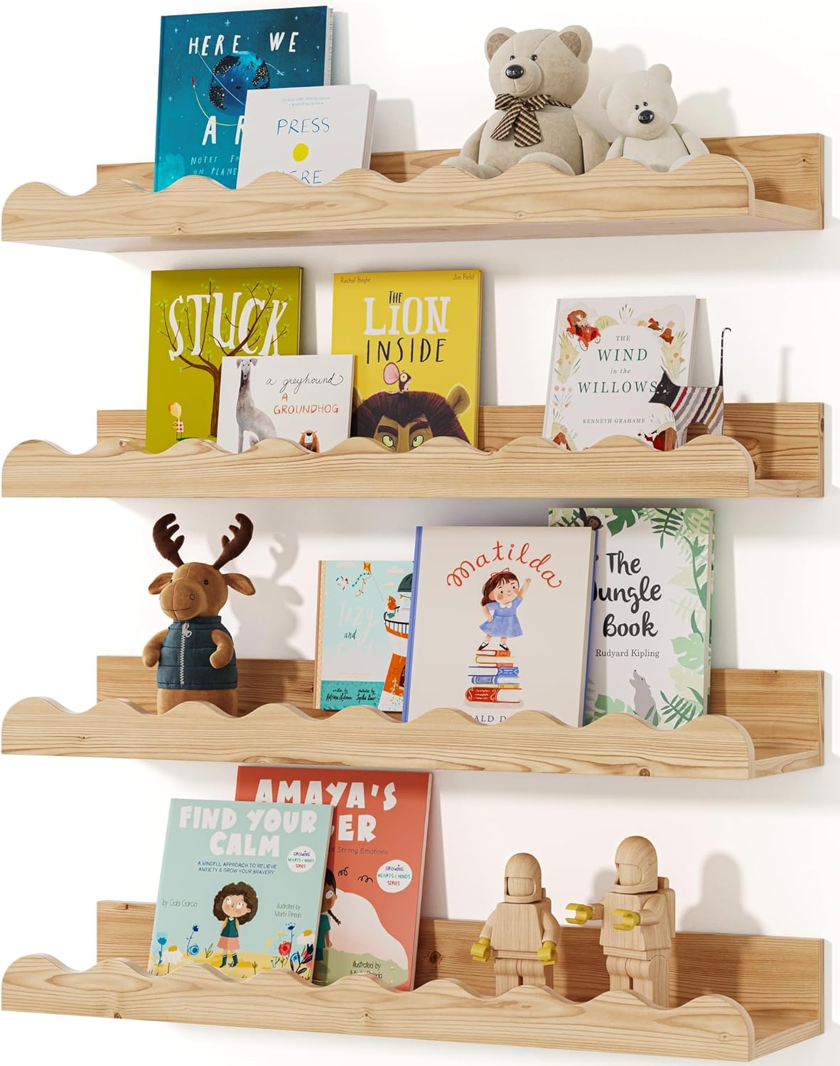 Kids' Bookshelf Set of 4 - Wood Floating Nursery Book Shelves, Picture Ledge Shelf for Wall Decor