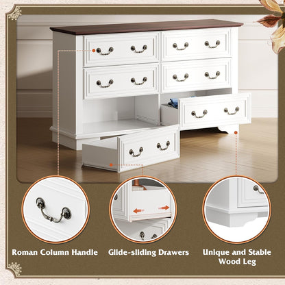 WLIVE Farmhouse Dresser for Bedroom, 51.97'' Wide Wood White Dresser with 6 Drawer, Chest of