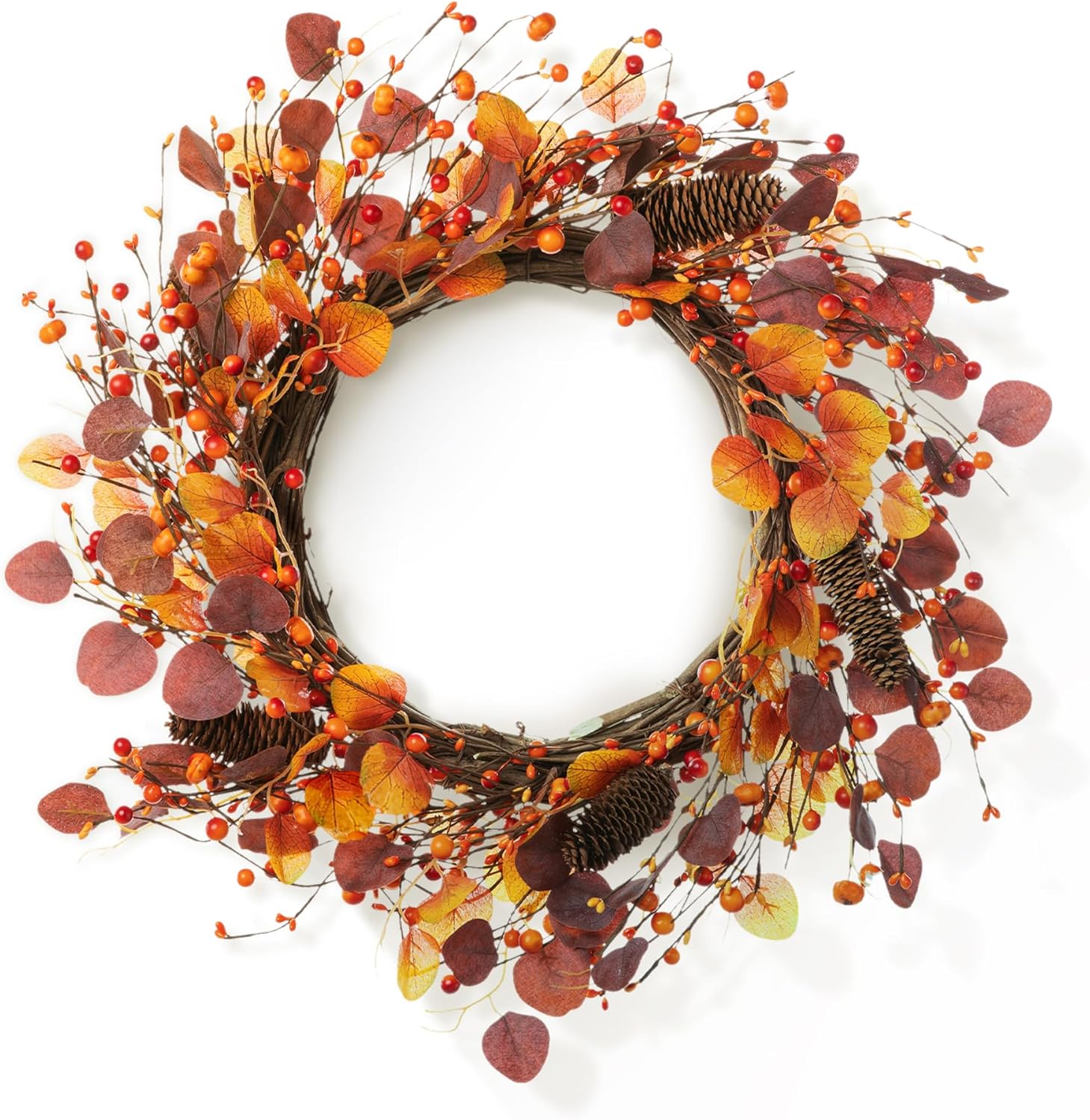 Glitzhome 22" D Fall Eucalyptus Berry Wreath, Artificial Wreaths Rustic Hanging Ornaments for Fall