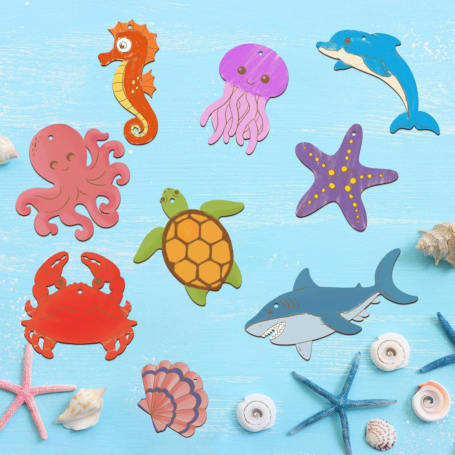 80PCS Wooden Sea Ornaments to Paint, 10 Styles DIY Blank Unfinished Wood Ocean Whale Seahorse