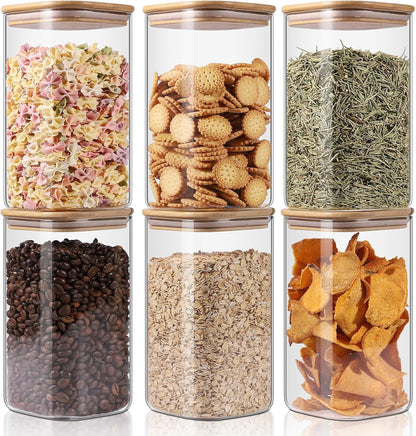 Glass Storage Jars 6 Pack -50oz (10cmx20cm)Clear Glass Food Storage Containers with Airtight Bamboo