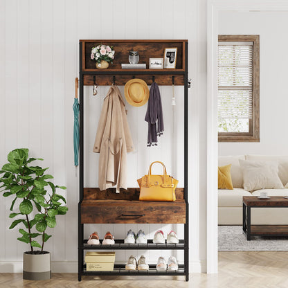 Tribesigns 3-in-1 Entryway Hall Tree with Shoe Bench and Hutch, Brown