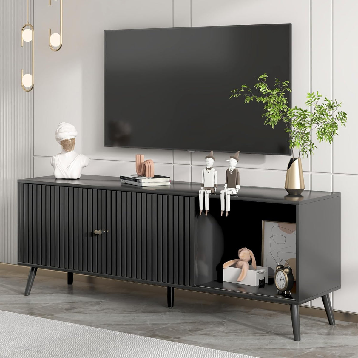 Mid Century Modern TV Stand for Televisions up to 70 Inches, with Sliding Doors and Storage