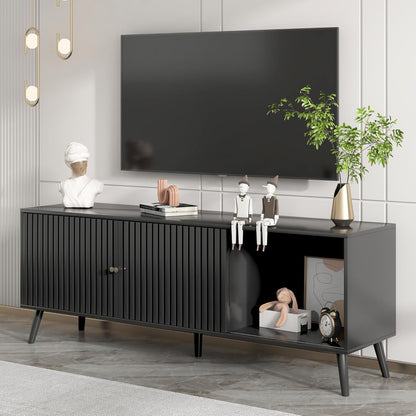Mid Century Modern TV Stand for Televisions up to 70 Inches, with Sliding Doors and Storage