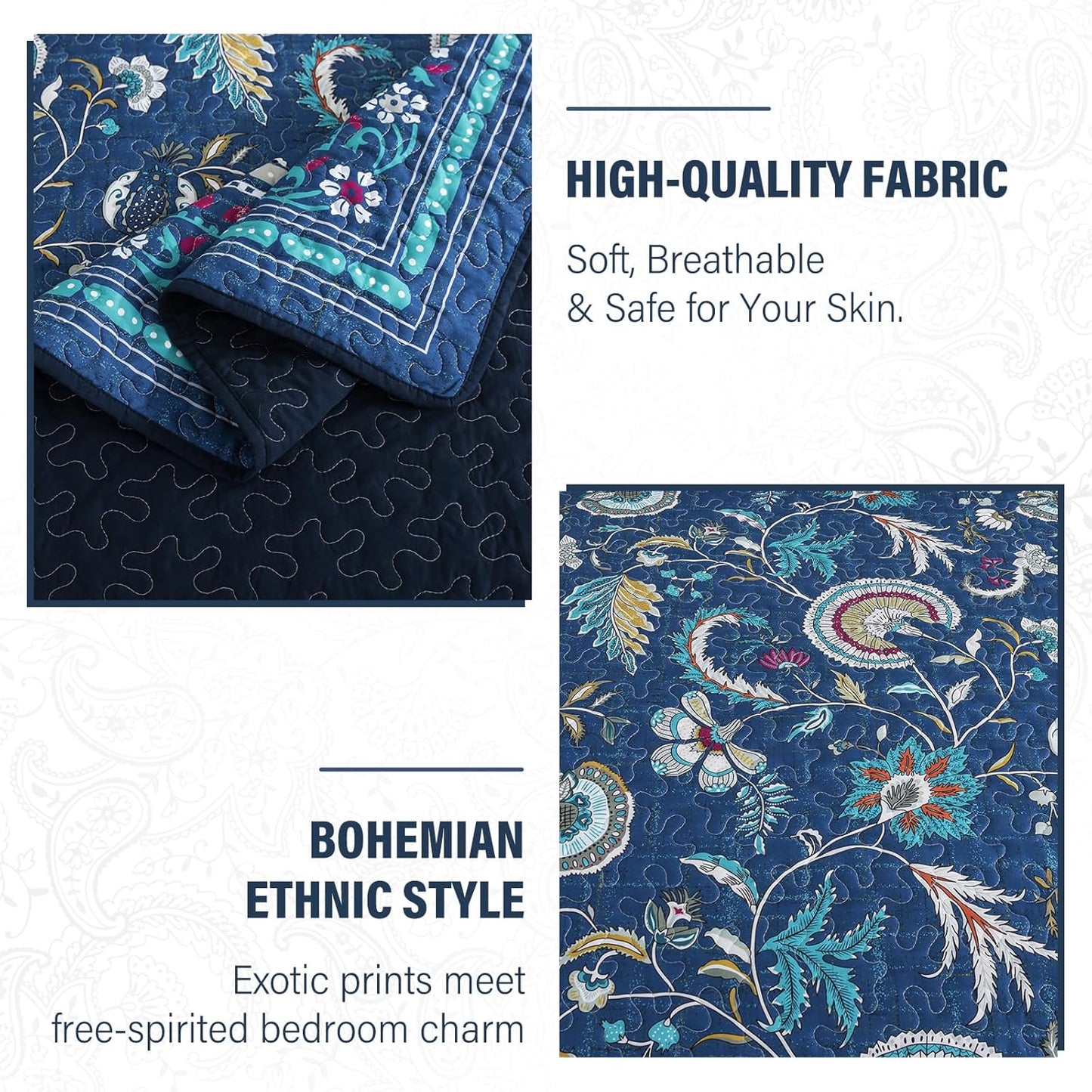 NEWLAKE Quilt Set Queen Size, Bedspread Sets Blue Botanical Floral Patterns, Reversible Quilt