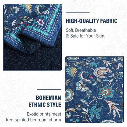 NEWLAKE Quilt Set Queen Size, Bedspread Sets Blue Botanical Floral Patterns, Reversible Quilt