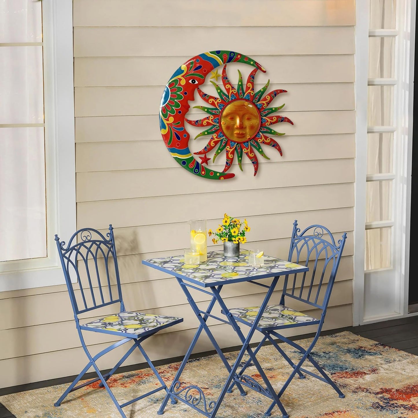 Limygus Sun and Moon Wall Decorations for Outdoor, Colorufl Metal Sun Wall Art Decor with Moon &