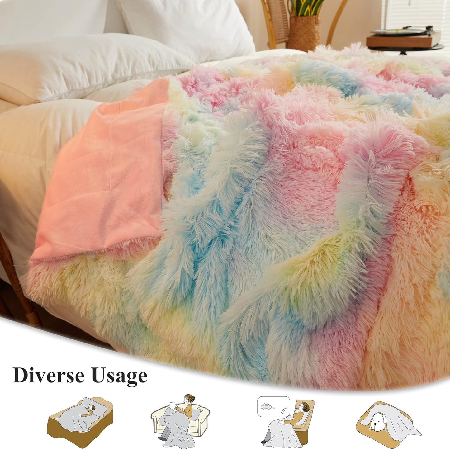 XeGe Plush Faux Fur Rainbow Throw, Tie Dye 50x60 Shaggy Furry Blanket, Fluffy Microfiber Velvet