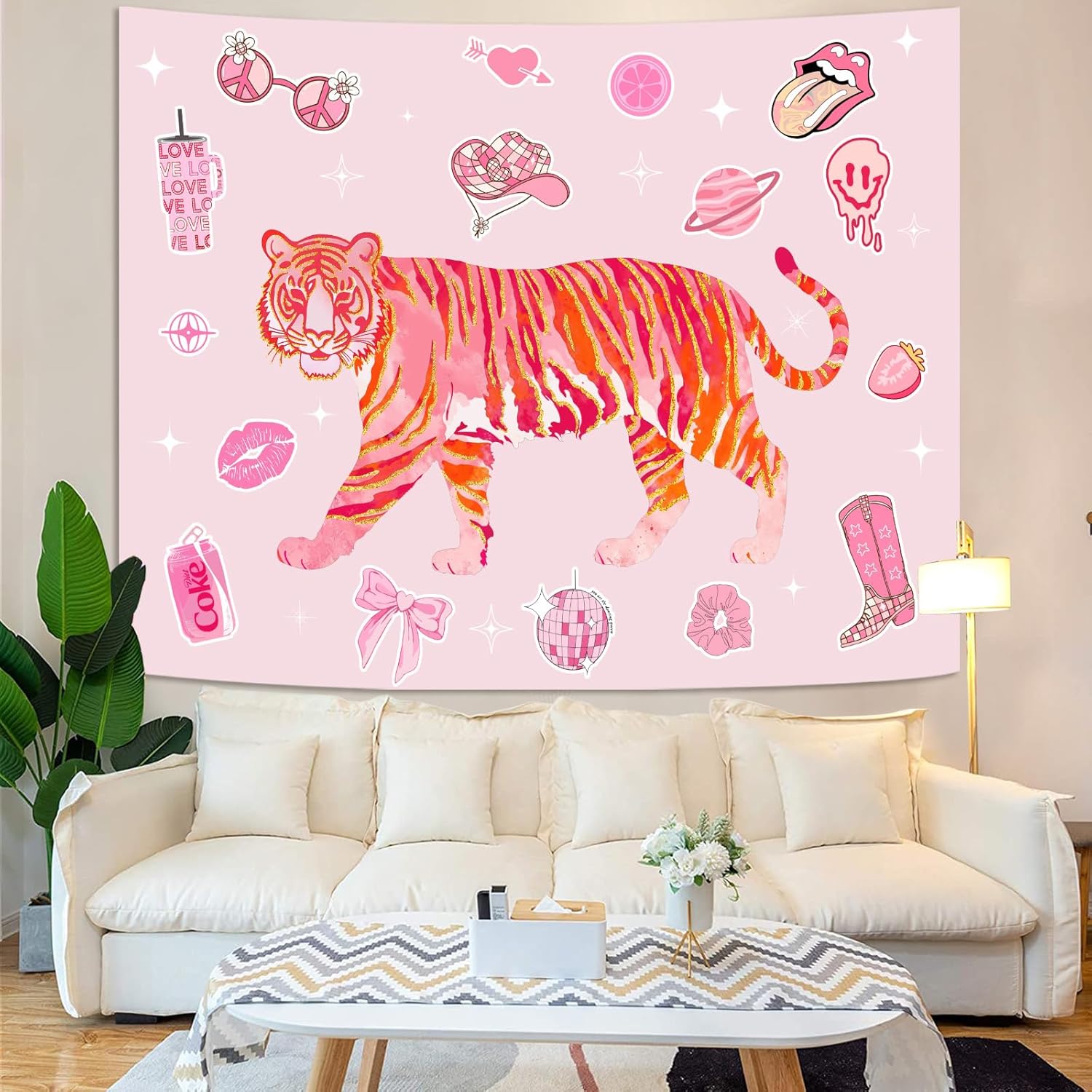 Lunerfex Y2K Tapestry Pink Tiger Wall Tapestry, Cute Tapestries for Bedroom Funny Tapestries Wall