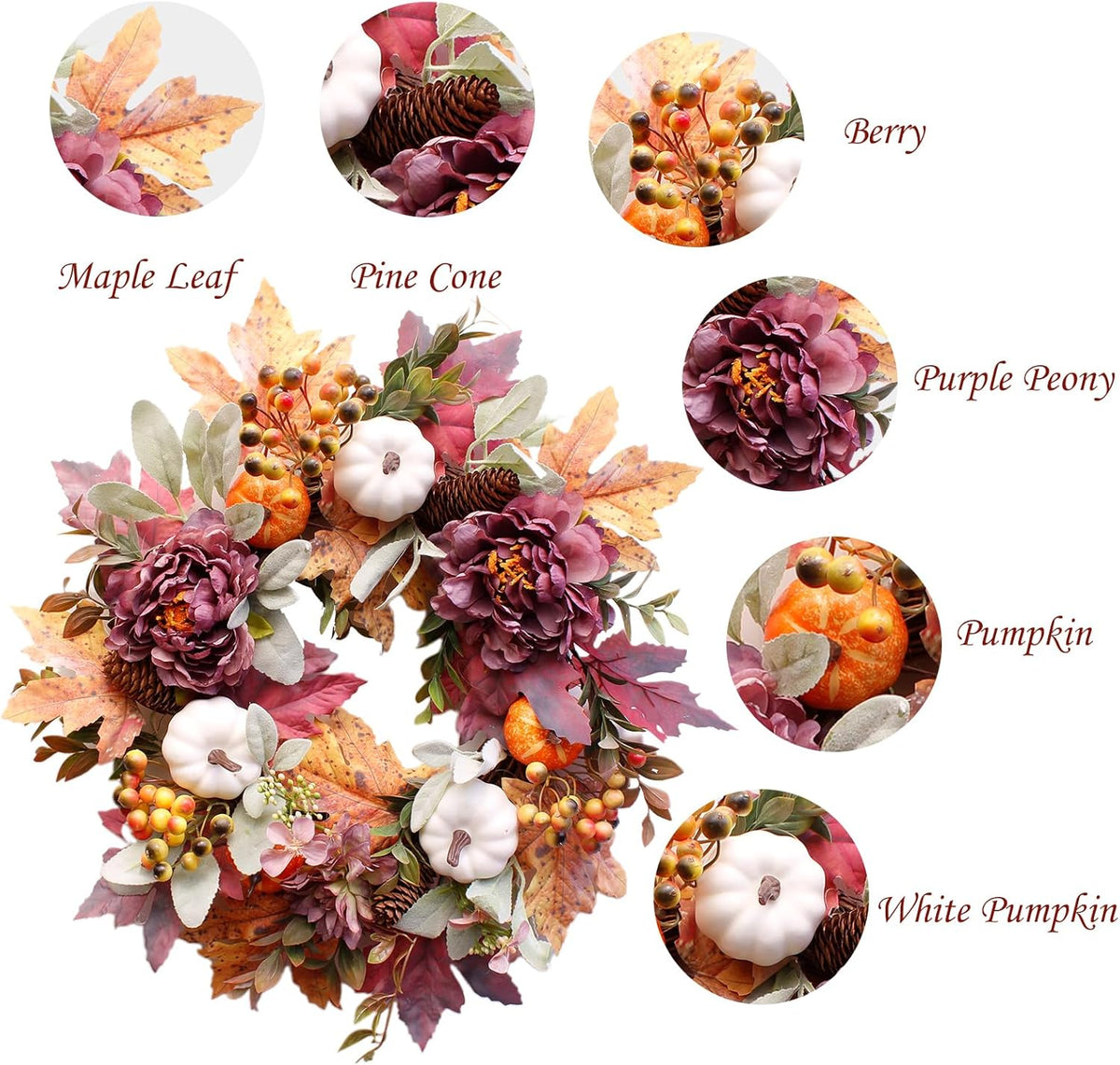 20Inch Fall Wreaths for Front Door,Fall Wreath,Fall Decorations for Home,Autumn Wreaths with White